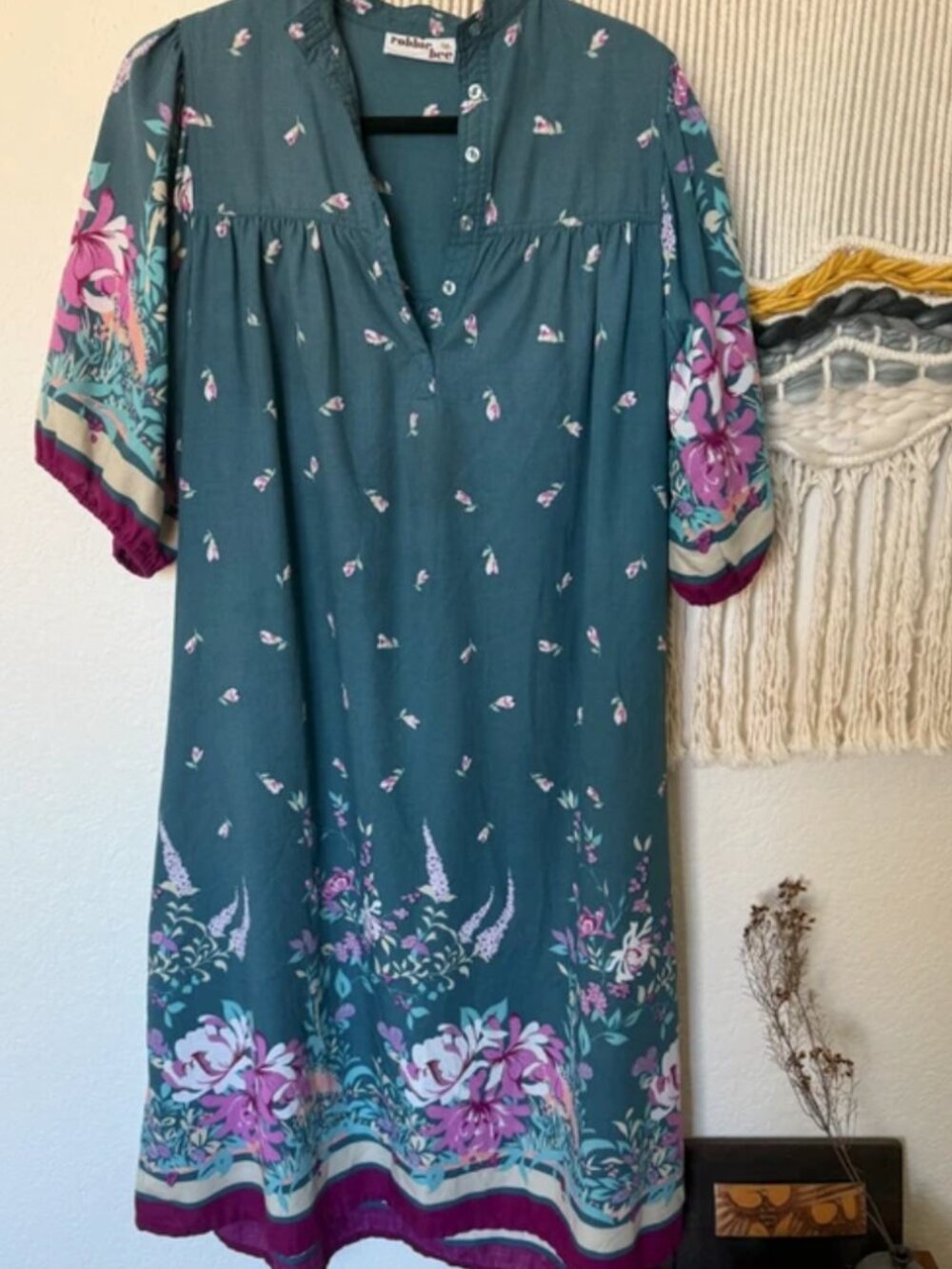 Bobbie Bee Women's Floral Midi Dress Blue Boho 3/4 Sleeve Button Neck Size